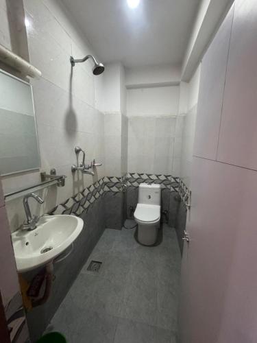 a small bathroom with a toilet and a sink at Hotel Silver Jubilee in Kathmandu