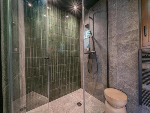 a bathroom with a shower with a toilet at Die Kramerei in Hollersbach im Pinzgau
