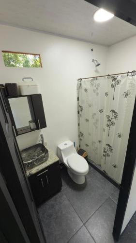 a bathroom with a toilet and a sink and a mirror at One Piece in Golfito
