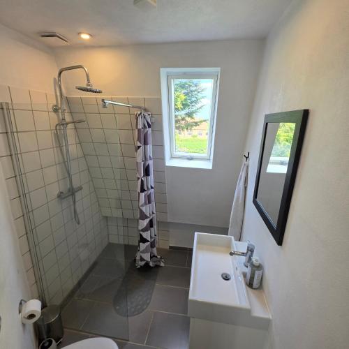 a bathroom with a sink and a shower at Bjerregade Horsens Centrum in Horsens