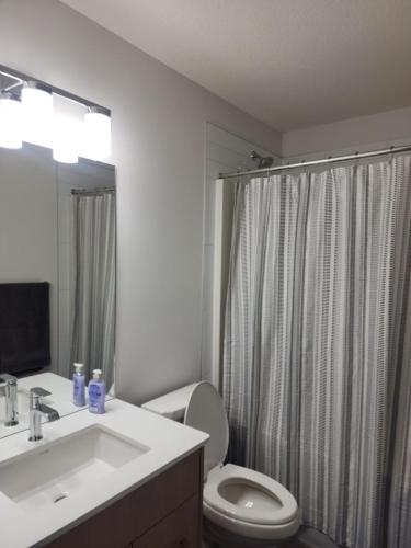 a bathroom with a sink and a toilet and a shower at Edmonton 3BR House in Edmonton