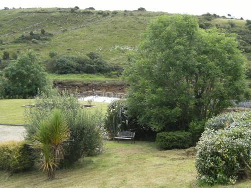 a park with a bench and trees and bushes at WatersEdge in Mulranny