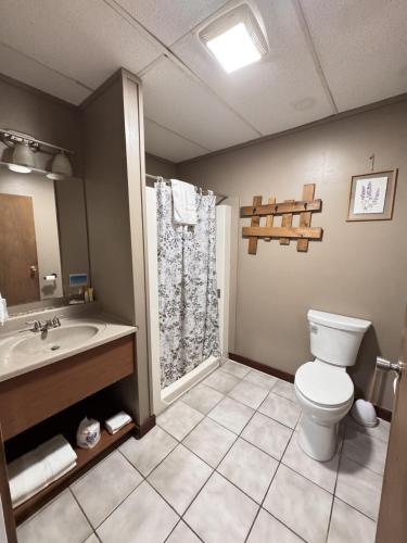 a bathroom with a toilet and a sink at Lake Ontario Motel & Inn in Newfane