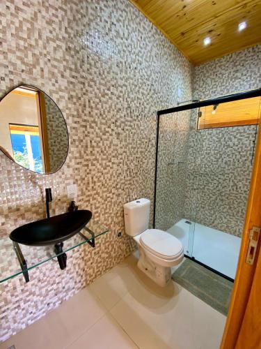 a bathroom with a toilet and a sink and a mirror at Casa Araucária in Cunha