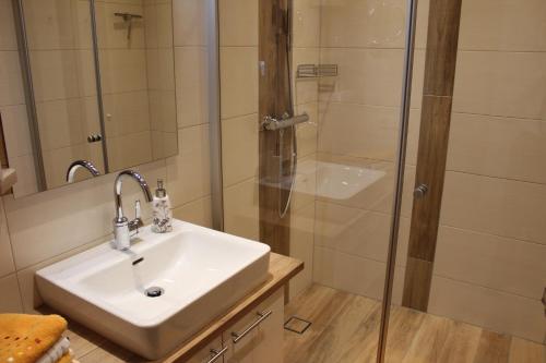 ein Bad mit einem Waschbecken und einer Dusche in der Unterkunft Appartements Eggenhofer in Sankt Jakob in Defereggen