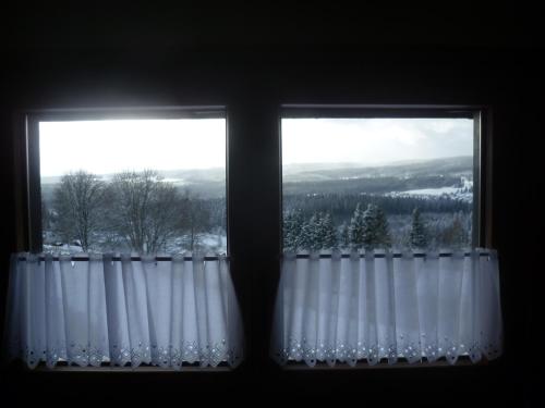 a window with a view of a snow covered mountain at Hotel Gasthof Straub in Lenzkirch