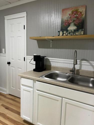 a kitchen with a sink and a counter top at Brooklyn's Tiny Apartment Pets Welcome in North Little Rock