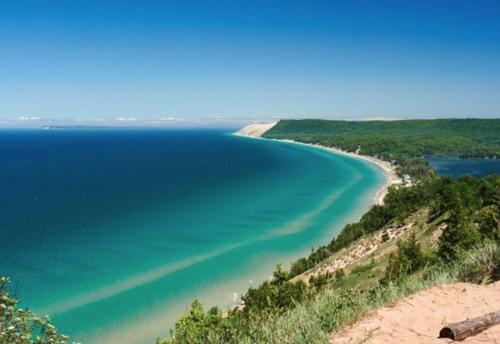 a view of a body of water with a beach at Trout Lily Cabin in Beulah