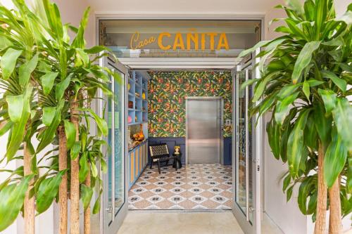 a hallway with palm trees in front of a building at Hotel Casa Canita in Miami Beach
