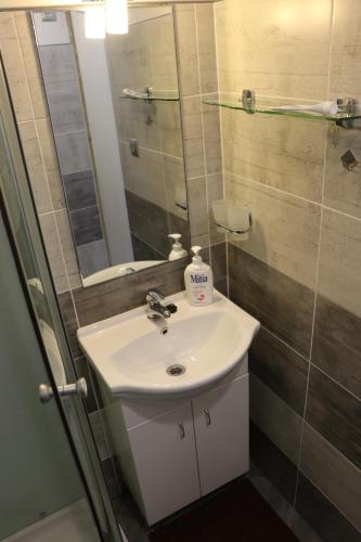 a bathroom with a sink and a mirror at Liked home in Pernink