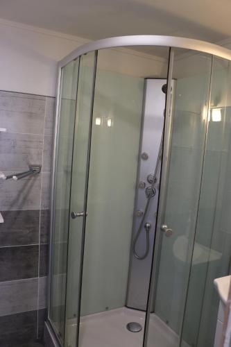 eine Dusche mit Glastür im Bad in der Unterkunft Liked home in Pernink