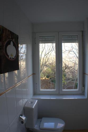a bathroom with a toilet and two windows at Villa Merenciana in Agoncillo