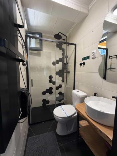 a bathroom with a shower and a toilet and a sink at Zlatibor Wild nest Rabbit Lux in Zlatibor