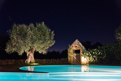 un árbol y una puerta en un patio por la noche en Masseria Trulli&Stelle B&B, en Noci