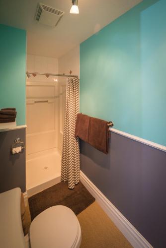 a bathroom with a toilet and a shower at Cloudside Hotel in Nelson