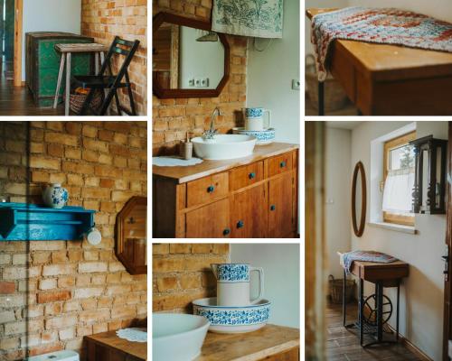 a collage of pictures of a bathroom with a sink at Chata w Kamieniu in Kamień