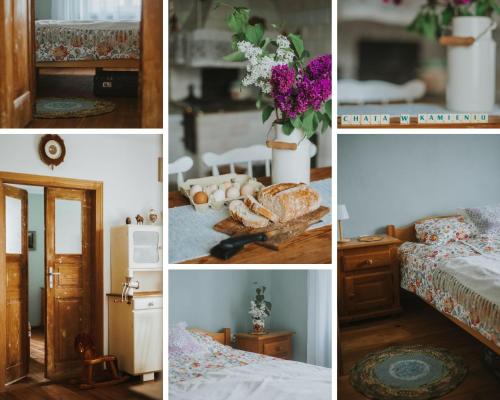 a collage of pictures of a kitchen and a room at Chata w Kamieniu in Kamień
