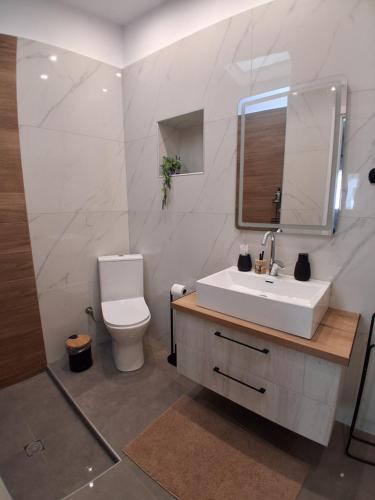 a bathroom with a sink and a toilet and a mirror at Elegance Apartments Mesologgi in Missolonghi