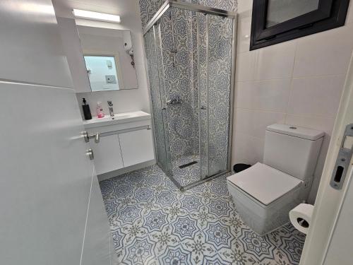 a bathroom with a shower and a toilet and a sink at Caesar Resort Lux Studio Apt in Trikomo