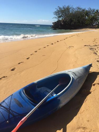 a blue kayak sitting on a beach with a paddle at Oneta Resort in Ono Island