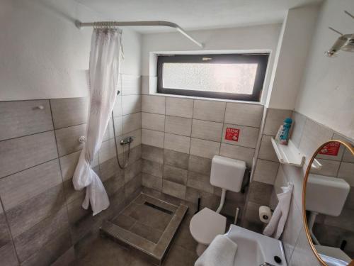 a bathroom with a shower and a toilet and a sink at Artemis Vendégház in Bogács