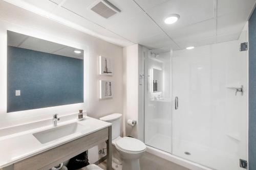 ein Badezimmer mit Waschbecken, Toilette und Dusche in der Unterkunft The Harborview on Lake Michigan, an Ascend Collection Hotel in Port Washington