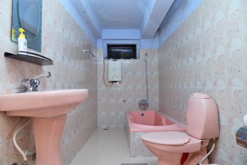 W łazience znajduje się różowa toaleta i umywalka. w obiekcie Hotel Travel Inn w mieście Pokhara