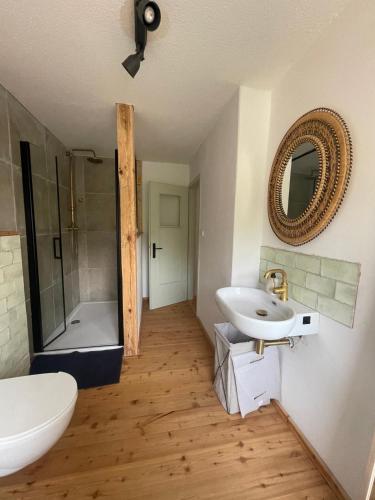 a bathroom with a toilet and a sink and a shower at Weener - City Apartment mit Garten in Weener