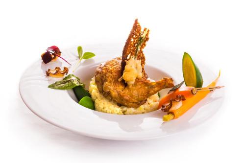 a plate of food with chicken on rice and vegetables at Penzión ARTin in Nitra