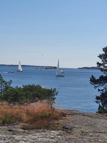 two boats in a large body of water with trees at Lillstugan at Sävö in Västerljung