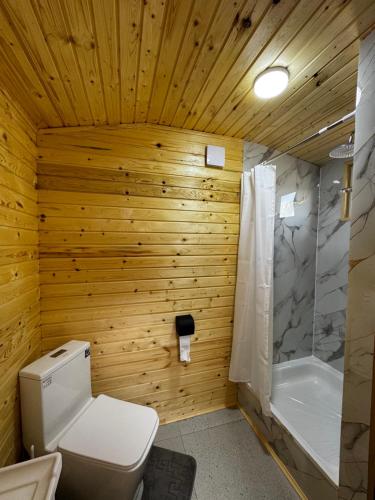 a wooden bathroom with a toilet and a shower at Bosogo Yurt camp in Bokonbayevo