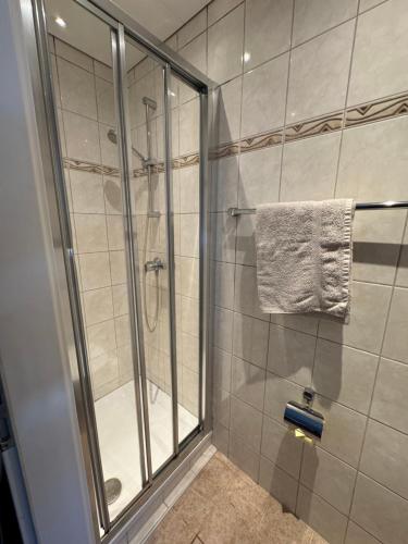 a bathroom with a shower with a glass door at Gästehaus Stögmüller in Asten
