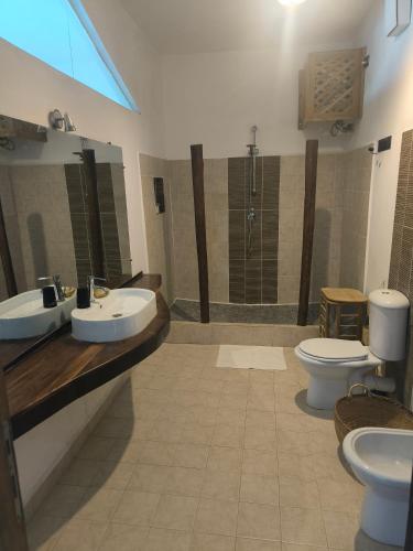 a bathroom with two sinks and a shower and a toilet at Hotel Arc En Ciel in Dzamandzar