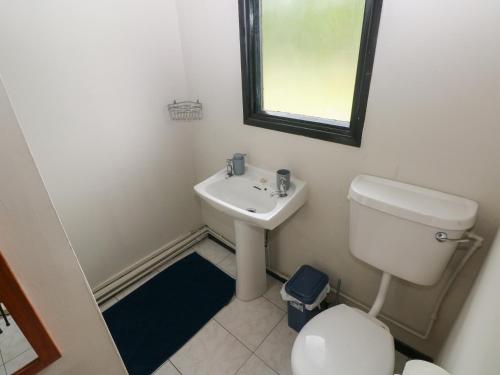 a bathroom with a sink and a toilet and a window at Cabin No 16 - Salt and Fern Cabins in Port Talbot