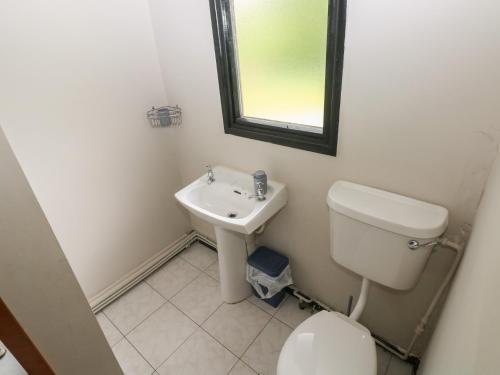 a bathroom with a toilet and a sink and a mirror at Cabin No 15 - Salt and Fern Cabins in Port Talbot