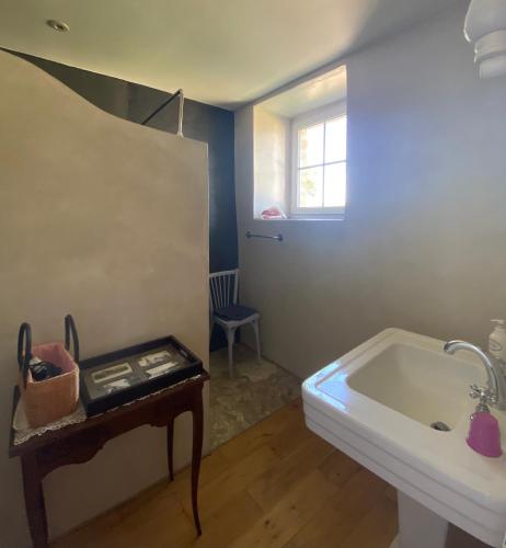 a bathroom with a tub and a table and a window at Manoir La Buissonnière in Plescop