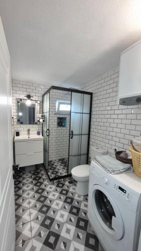 a bathroom with a washing machine and a toilet at Assos Egedebirnefes Kır Evi in Ayvacık