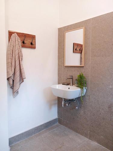 a bathroom with a sink and a mirror on the wall at Birdsong Bungalow in Livingstone