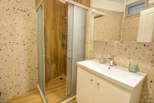 a bathroom with a shower and a sink at Thalassa Seaside Apartments in Sikéa