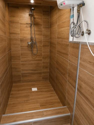 a bathroom with a shower with wooden walls at Apartmány Pražská in Ústí nad Labem