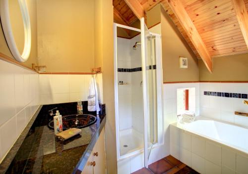 a bathroom with a sink and a shower and a tub at The Loerie's View in Wilderness