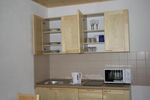 a kitchen with wooden cabinets and a microwave at S4 Resort Kouty in Loučná nad Desnou