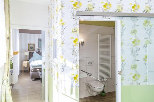 a bathroom with a shower and a toilet in a room at Sonnenhof Plauen in Plauen