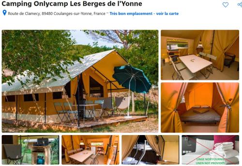 a collage of pictures of a tent with tables and chairs at Camping Onlycamp Les Berges de l'Yonne in Coulanges-sur-Yonne