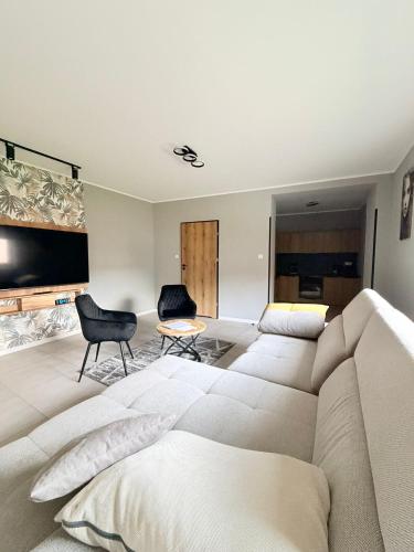 a living room with a couch and a tv at Luxury Apartments Musialika 18 in Bytom