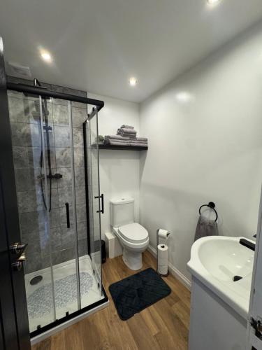 a bathroom with a shower and a toilet and a sink at Gladstone Getaway in Peterhead