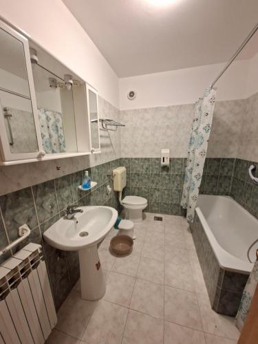 a bathroom with a sink and a toilet and a tub at Apartments Grace in Rovinj