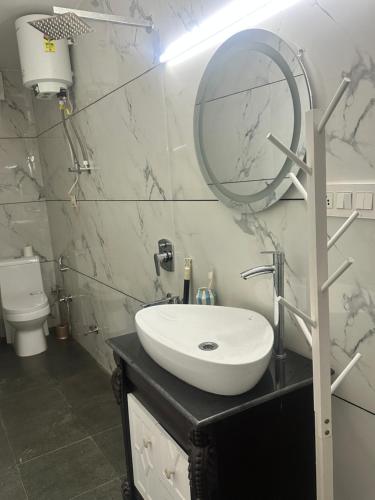 a bathroom with a sink and a mirror and a toilet at Beyond the city peaks in Kangra Airport
