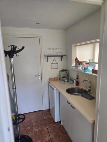 a kitchen with a sink and a white door at De Veldeling in Hollandscheveld