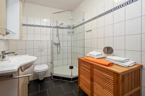 a bathroom with a shower and a sink and a toilet at Gasthaus Schwielochsee in Friedland